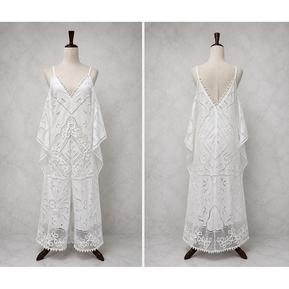 Zara Eyelet Lace Maxi Dress Size 1 White Crochet Boho V-Neck Open Back - Picture 2 of 11